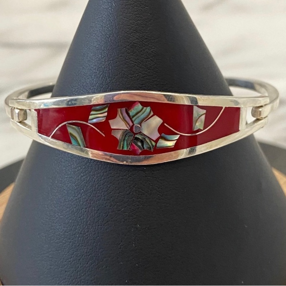 Vintage Sterling Silver Taxco Mexico Flower Abalone Inlay Hinged Bracelet